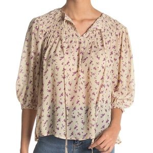 Smocked Print Tie Neck Blouse by Lush NWT